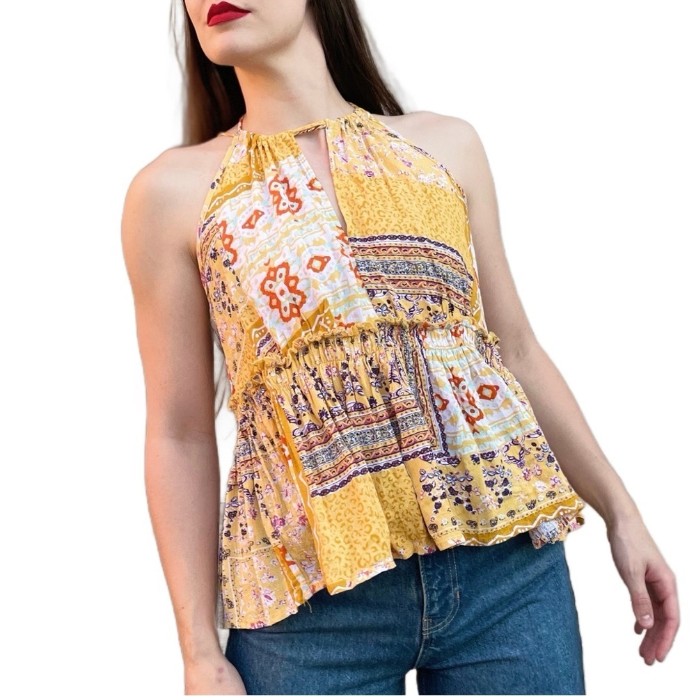 Rachel Zoe Bohemian Frilly High Neck Open Back  Keyhole Blouse Top Medium
